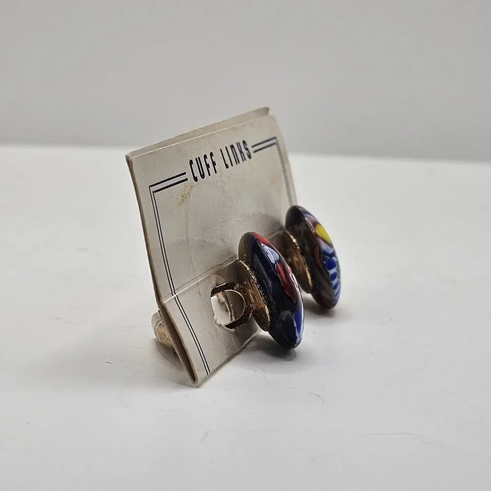 Vintage Murano Glass Color Splash Domed Millefiori Cufflinks New on Card